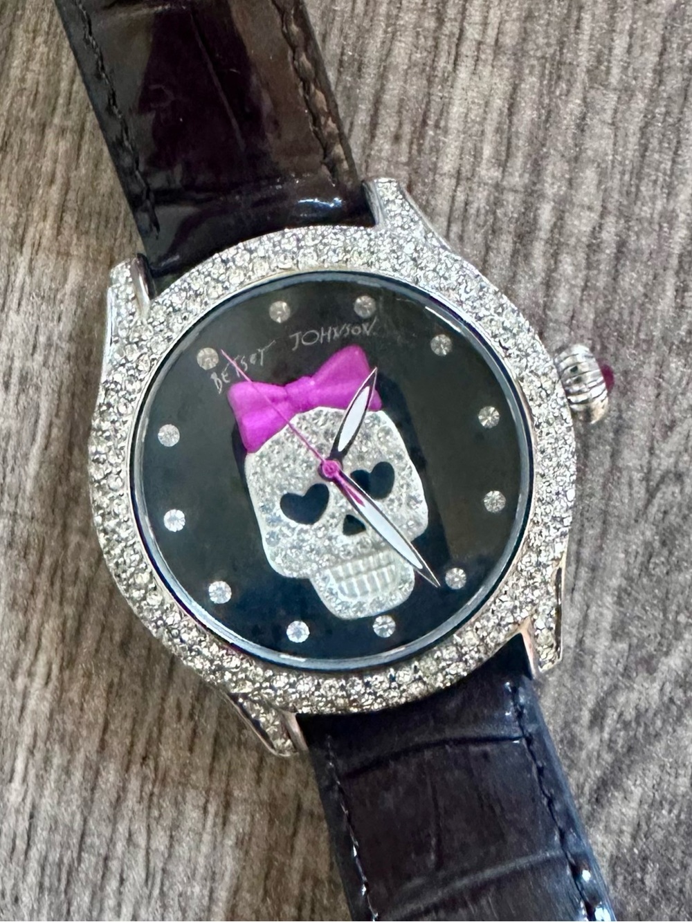 NWT  Betsey Johnson Sugar Skull Crystal Watch Black Leather Band
